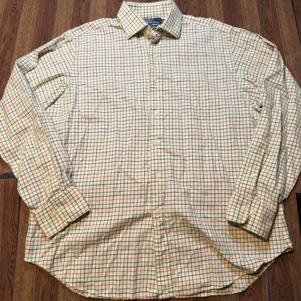 Polo Ralph Lauren Beige Plaid Vintage Classic Button Polo Sleeve Dress Shirt L